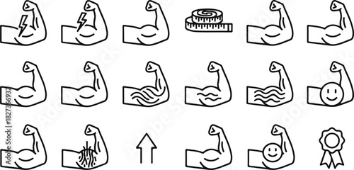 Fitness and health icons collection muscle body strength and measurement tools