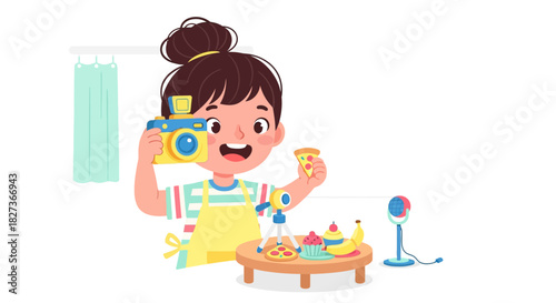 Playful young girl engaged in pretend baking activity with toy food and camera