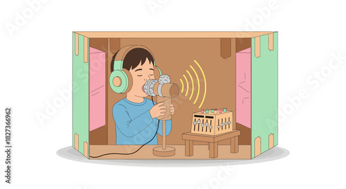 young boy recording sound in a cozy makeshift studio with headphones and