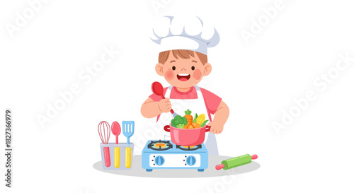Joyful child dressed as a chef stirring a colorful pot in playful kitchen scene
