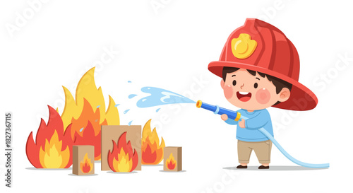 Adorable cartoon boy dressed as firefighter battling a lively blaze with a