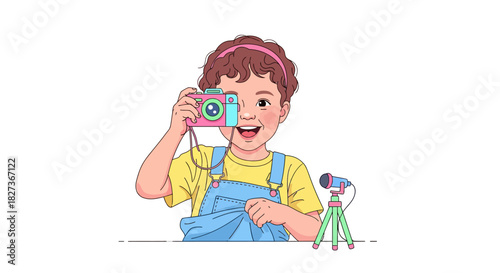 Young girl with curly hair taking a photo using a compact camera with a