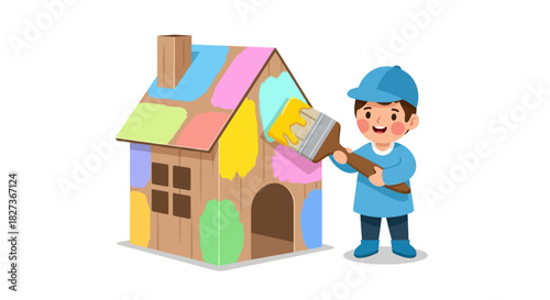 child painting colorful house with paintbrush highlighting creative home