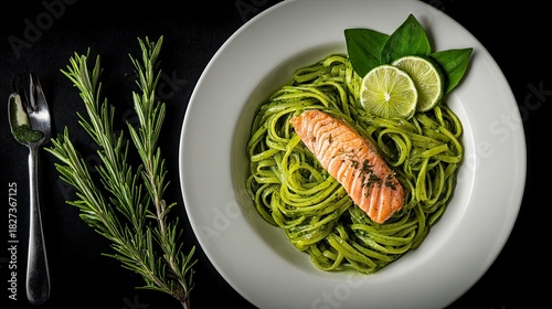 Delicious salmon with pesto linguine and fresh lime offers a vibrant culinary experience, perfect for healthy eating promotions and restaurant marketing