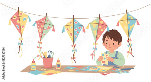 Child Engaged in Creative Crafting with Colorful Decorations and Art Supplies