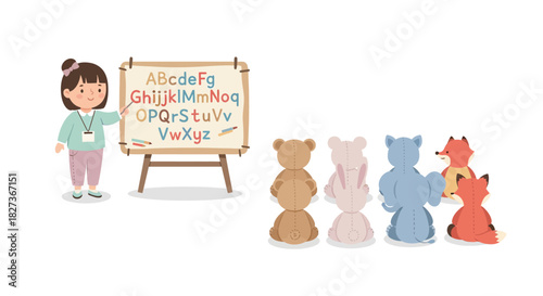 early childhood education setting with a teacher and plush animal toys for