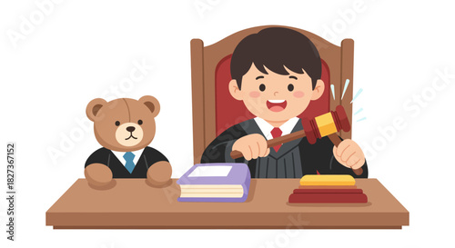Young judge playfully ruling in classroom as teddy bear spectator with gavel