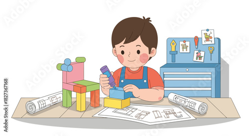 Creative child engaging in educational building activity with colorful toys