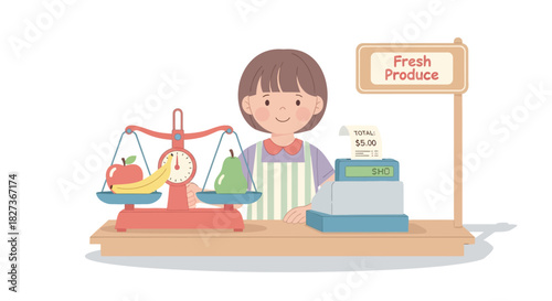 Happy female vendor weighing fresh produce at a local market stand with cash