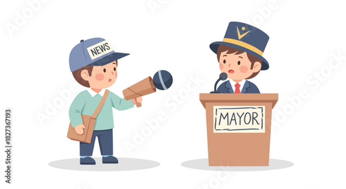 Child Reporter Interviewing Mayor in a Cartoon Illustration Expressing Civic