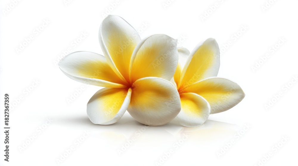 Naklejka premium Two stunning plumeria flowers with white petals and vibrant yellow centers are placed together on a plain bright background showcasing their natural beauty and serenity.