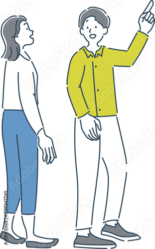 笑顔で会話をしている女性と男性の全身のイラスト素材