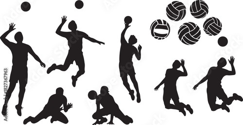 Black silhouettes of people playing with volleyballs in action poses