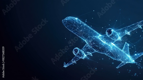 A futuristic digital representation of an aircraft soars dynamically through the dark blue sky. ..Created with Generative AI, not depicting real subjects.