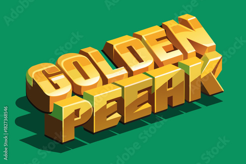 Isometric illustration of golden peek text with blocky letters and a green background in a cartoon style