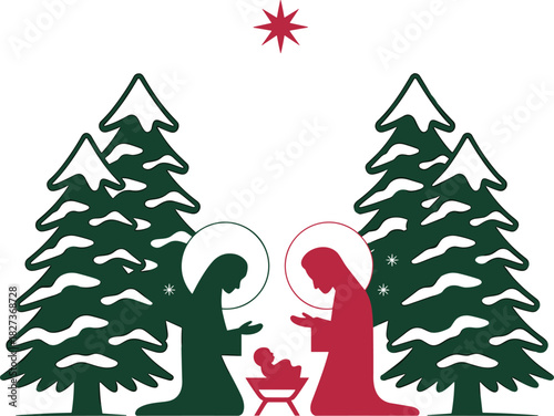 Nativity scene vector, Christmas religious illustration, holy family silhouette, baby Jesus birth, snow trees, Bethlehem star, Christian holiday design, spiritual art