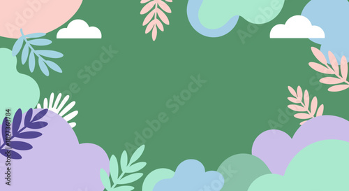Green background with colorful clouds and leaves a vibrant and playful nature-inspired design.