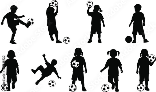Silhouette of children playing with soccer balls full length isolated