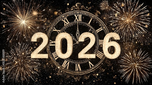 Celebrate the arrival of 2026 with dazzling fireworks and a vintage clock counting down to the New Year's festivities and joyous beginnings