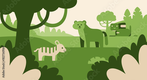 A mother tiger and her cub in a lush green jungle landscape with a safari jeep in the background.