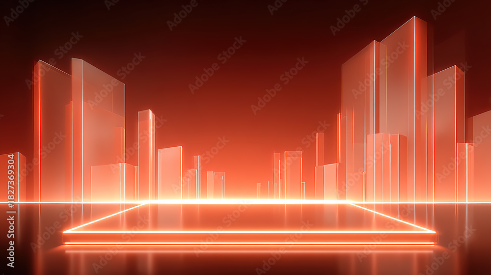Fototapeta premium Red glowing lines and tech-style product display stand against an urban backdrop