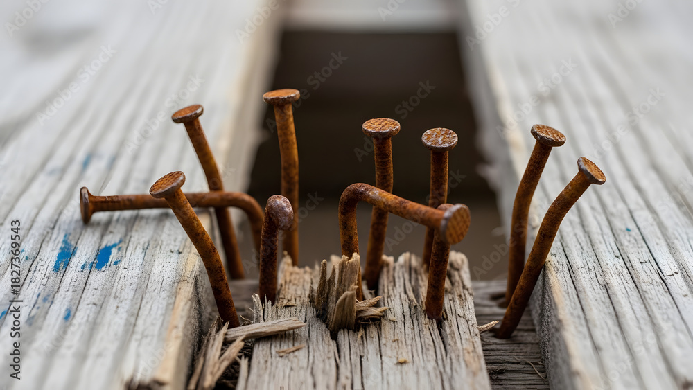 © Roy Arifin - Rusty nails protruding from weathered wood, conveying age and decay,A close-up view of corroded nails in a cracked wooden surface, highlighting texture and time