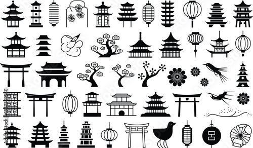 Japanese culture icon set, traditional silhouette vector, cherry blossom, pagoda, torii gate, crane, lantern, pine, heritage design, black illustration