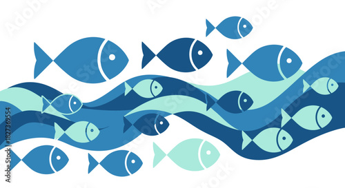 Stylized Fish Swimming in Blue Waves Illustration.