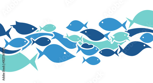 A stylized illustration of a school of blue fish swimming together.