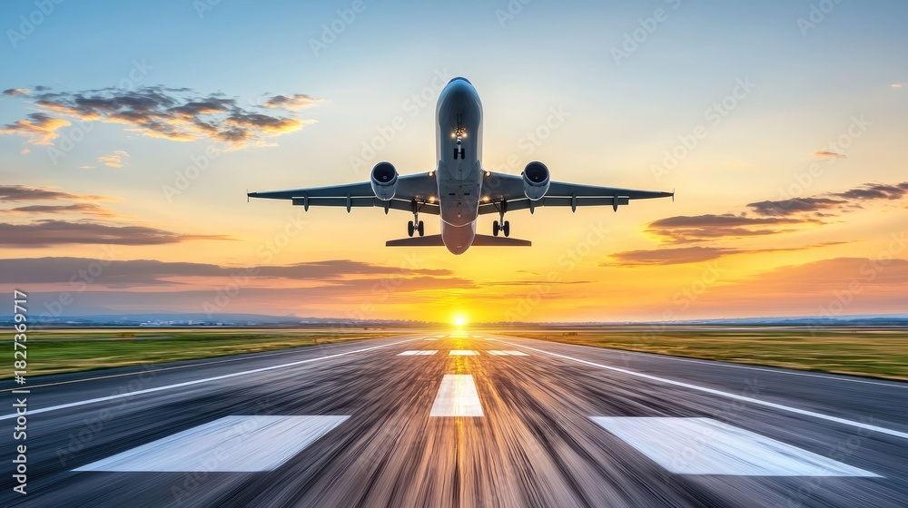 Fototapeta premium Jet taking off airport runway hyperrealistic scene sunset low angle gigapixel standard scale