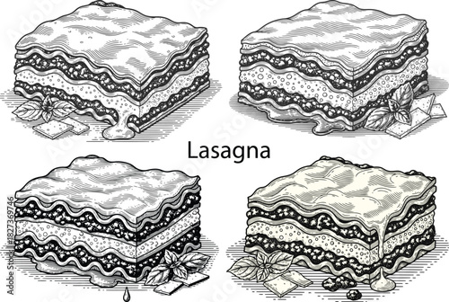 Vintage engraved lasagna food icon set with detailed pasta layers, cheese textures, basil herbs, and classic styling