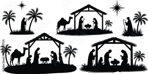 Nativity silhouette illustration, Mary and Joseph, baby Jesus in manger, Star of Bethlehem, shepherds, camels, palm trees, Christian Christmas vector