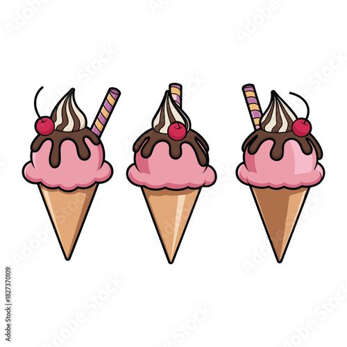 Delicious dessert illustration featuring three scoops of pink ice cream topped with chocolate drizzle cherries and wafer sticks summer treats