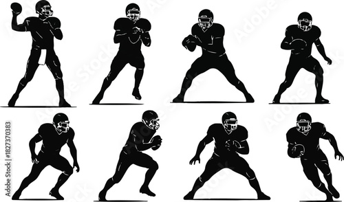 American football player silhouettes in various poses on a white background
