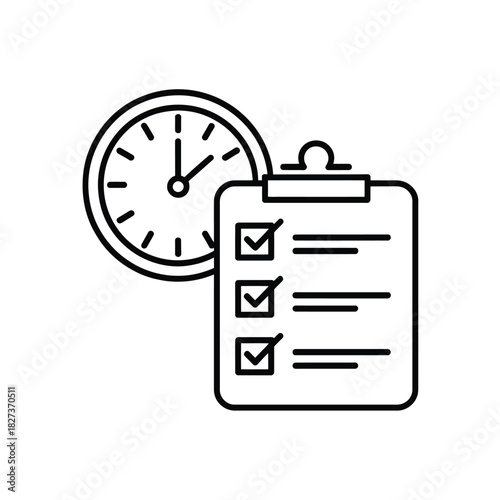 Time management and planning icon showing clock near clipboard with checklist emphasizing efficiency scheduling and task organization