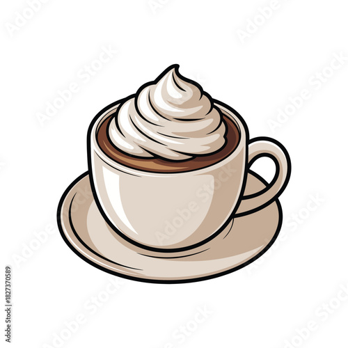 Hot chocolate or coffee cup with whipped cream topping isolated vector illustration for cafe menu and beverage designs