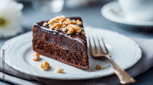 Indulge in a slice of decadent chocolate cake with walnuts, perfect for birthdays, celebrations, or a cozy afternoon treat, elegantly presented