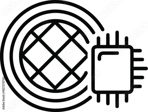 Global network and computer chip icon representing worldwide digital communication, data processing, and advanced technology infrastructure