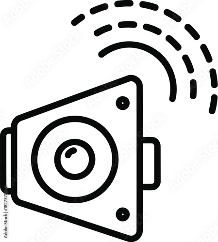 A simple line art icon depicting a speaker emitting sound waves, representing audio, communication, or notification