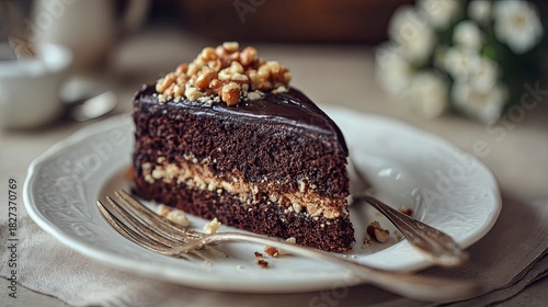 Indulge in decadent chocolate cake with walnut topping, a perfect treat for birthdays, celebrations, or sweet cravings, served on a vintage plate