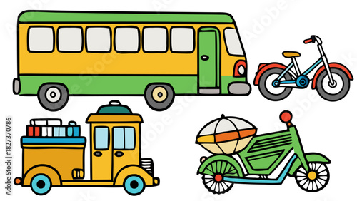 Yellow school bus transportation, train and bicycle - doodle art vehicles on white background