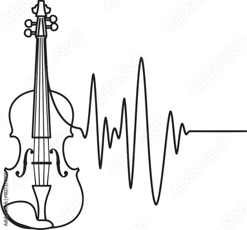 A continuous line art drawing of a classical violin with an abstract sound wave, representing music, harmony, and artistic expression