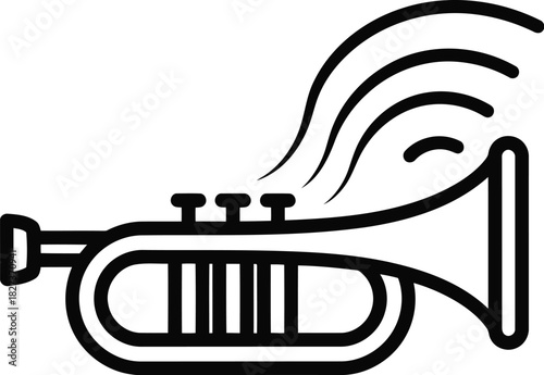 Simple black outline icon of a trumpet, a brass musical instrument, emitting sound waves, representing music, jazz, orchestra, or a concert