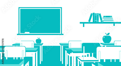 Classroom Interior with Desks and Blackboard.