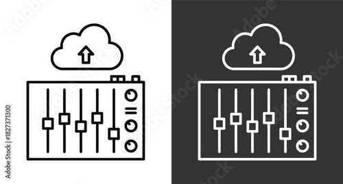 Cloud audio mixer icon. digital sound equalizer with upload symbol. online music production and engineering graphic.