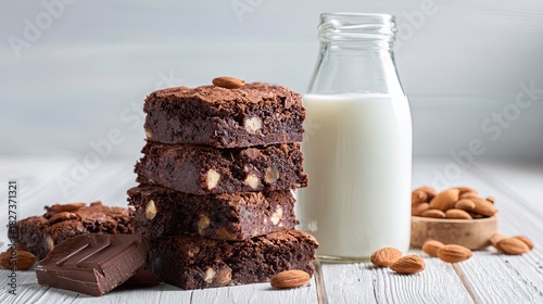Indulge in delicious homemade brownies with a refreshing glass of milk, perfect for a cozy treat or a sweet moment of pure chocolate bliss