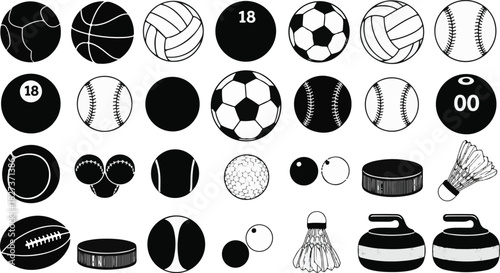Collection of Various Sport Equipment Elements in Black and White Style