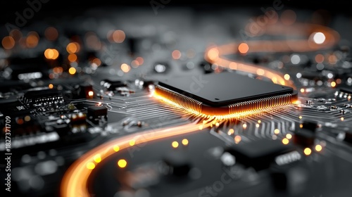 Macro Photography of a Glowing Computer Processor Circuit Board, Technology Concept