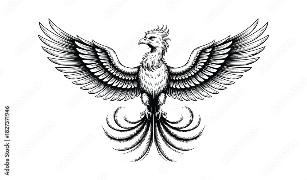 Obraz premium Striking Black and White Flying Phoenix Icon - Symbol of Rebirth