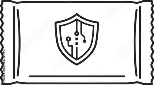 Outline icon of a secure packet or wrapper with a shield and circuit board pattern, symbolizing digital security, data protection, and cybersecurity